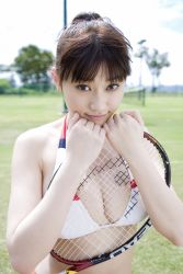 Rule 34 | 1girl, asian, bra, breasts, brown hair, cleavage, grass, hara mikie, highres, japanese (nationality), large breasts, long hair, photo (medium), racket, squeezing, standing, underwear