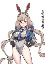 Rule 34 | 1girl, absurdres, adapted costume, alternate costume, animal ears, between breasts, black gloves, blue bow, blue eyes, blue necktie, bow, breasts, capelet, detached collar, detached sleeves, gloves, grey capelet, grey jacket, grey leotard, highres, jacket, kantai collection, leotard, light brown hair, long hair, looking at viewer, low twintails, maryland (kancolle), medium breasts, multicolored capelet, necktie, necktie between breasts, one-hour drawing challenge, playboy bunny, rabbit ears, simple background, solo, strapless, strapless leotard, the second form, twintails, twitter username, white background