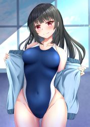 Rule 34 | 1girl, absurdres, black hair, blue one-piece swimsuit, breasts, competition swimsuit, covered navel, cowboy shot, hibika, highleg, highleg swimsuit, highres, long hair, medium breasts, multicolored clothes, multicolored swimsuit, one-piece swimsuit, original, red eyes, solo, standing, swimsuit, white one-piece swimsuit