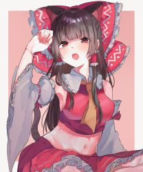 Rule 34 | 1girl, animal ears, arm up, bare shoulders, blush, border, bow, breasts, brown hair, brown necktie, cat ears, collared shirt, commentary request, detached sleeves, eyes visible through hair, fingernails, frills, grey border, hair ornament, hair tubes, hakurei reimu, hand up, hime cut, long fingernails, long hair, long sleeves, looking at viewer, medium breasts, nadhia 14, nail polish, navel, necktie, open mouth, outside border, pink background, pink bow, pink nails, pink shirt, pink skirt, red eyes, shirt, simple background, sitting, skirt, solo, teeth, tongue, touhou, wide sleeves