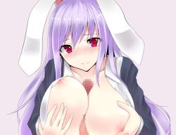 Rule 34 | 1girl, animal ears, blush, breasts, censored, inverted nipples, large breasts, light purple hair, long hair, nipples, open clothes, open shirt, paizuri, penis, purple hair, rabbit ears, rabbit girl, red eyes, reisen udongein inaba, shirt, simple background, smile, solo focus, touhou, ume itoguchi retto, umeo retto