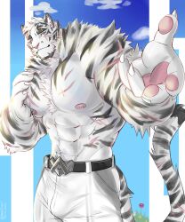 Rule 34 | 1boy, abs, absurdres, animal ears, arknights, bara, blue eyes, blue sky, bulge, claws, cloud, commentary, dhanisani, english commentary, facial scar, furry, furry male, hand on own chest, highres, looking at viewer, male focus, mountain (arknights), multiple scars, muscular, muscular male, nipples, pants, pawpads, pectorals, scar, scar across eye, scar on arm, scar on cheek, scar on chest, scar on face, scar on stomach, sky, smile, tail, tiger boy, tiger ears, tiger stripes, tiger tail, topless male, white pants