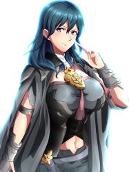 Rule 34 | 1girl, armor, black armor, black coat, black shorts, blue eyes, blue hair, breasts, bustier, byleth (female) (fire emblem), byleth (fire emblem), closed mouth, clothing cutout, coat, commentary, cowboy shot, crop top, dagger, fire emblem, fire emblem: three houses, hair between eyes, hand up, highres, index finger raised, knife, large breasts, long hair, looking at viewer, medium hair, navel, navel cutout, nintendo, sheath, sheathed, shirt, short shorts, shorts, sidelocks, simple background, smile, solo, standing, taut clothes, taut shirt, to (tototo tk), vambraces, weapon, white background