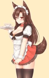 Rule 34 | 1girl, alternate costume, animal ears, black thighhighs, blouse, blush, breasts, brown hair, cleavage, collar, cup, embarrassed, enmaided, highres, imaizumi kagerou, long hair, looking at viewer, maid, maid headdress, medium breasts, microskirt, nail polish, puffy short sleeves, puffy sleeves, red eyes, red nails, red skirt, shirt, short sleeves, sidelocks, simple background, skirt, skirt tug, solo, tail, teacup, thighhighs, touhou, white shirt, wolf ears, wolf tail, wrist cuffs, yellow background, yuu (yu0221f)