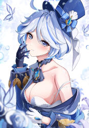 Rule 34 | 1girl, absurdres, asymmetrical gloves, bare shoulders, black gloves, blue eyes, blue gemstone, blue hair, blue hat, blue jacket, blush, bra, breasts, brooch, bug, butterfly, cleavage, clothes pull, collarbone, commentary request, cowlick, facing viewer, furina (genshin impact), gem, genshin impact, gloves, hand to own mouth, hat, highres, insect, jacket, jewelry, large breasts, light blue hair, looking at viewer, mismatched gloves, off shoulder, short hair, simple background, solo, strap slip, top hat, underwear, white bra, white gloves, yeni1871