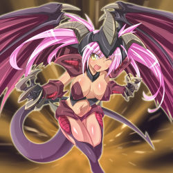 Rule 34 | 1girl, :d, claws, dark skin, dark-skinned female, demon wings, duel monster, gauntlets, helmet, horns, mtu (orewamuzituda), one eye closed, open mouth, personification, pink hair, red dragon archfiend, smile, solo, thighhighs, wings, wink, yu-gi-oh!, yu-gi-oh! 5d&#039;s