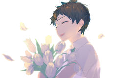 Rule 34 | :d, ahoge, bouquet, brown hair, collared shirt, danganronpa (series), danganronpa 2: goodbye despair, flower, from side, happy, highres, hinata hajime, holding, holding bouquet, male focus, necktie, open mouth, pink flower, shirt, short hair, short sleeves, simple background, smile, solo, teeth, upper body, upper teeth only, white background, white shirt, yosuga (hridayam)