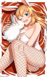 Rule 34 | 1girl, animal ears, blue eyes, breasts, charlotte e. yeager, cleavage, commentary request, fake animal ears, feet out of frame, fetal position, fishnet pantyhose, fishnets, highres, hiroshi (hunter-of-kct), large breasts, leotard, orange hair, pantyhose, playboy bunny, rabbit, rabbit ears, solo, strike witches, white leotard, world witches series