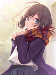 Rule 34 | 1girl, ahoge, black hair, black skirt, blue eyes, blurry, blurry background, blush, coat, depth of field, envelope, from side, highres, holding, holding envelope, long sleeves, looking at viewer, looking to the side, multicolored clothes, multicolored scarf, open clothes, open coat, original, parted lips, plaid, plaid scarf, pleated skirt, purple coat, scarf, school uniform, shigure ui, shirt, short hair, skirt, sleeves past wrists, solo, swept bangs, upper body, white shirt