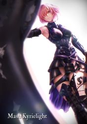 Rule 34 | 1girl, absurdres, armor, armored dress, armored skirt, boots, breasts, character name, elbow gloves, fate/grand order, fate (series), gloves, hair over one eye, highres, holding, holding shield, large breasts, mash kyrielight, mugetsu2501, pink hair, purple eyes, shield, short hair, sleeveless, thigh boots, thighhighs