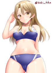 Rule 34 | 1girl, bikini, breasts, brown eyes, brown hair, cameltoe, cleavage, cleft of venus, cowboy shot, houston (kancolle), kantai collection, large breasts, long hair, looking at viewer, purple bikini, simple background, solo, swimsuit, tokyo yamane, white background