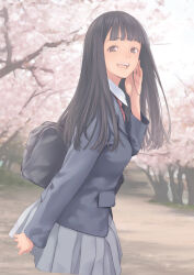 Rule 34 | 1girl, backpack, bag, black hair, cherry blossoms, grey eyes, highres, kamo (gafas), long hair, looking at viewer, open mouth, school uniform, skirt, solo