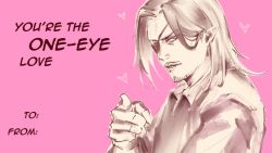 Rule 34 | 1boy, collared shirt, eyepatch, facial hair, grey eyes, hair behind ear, happy valentine, hyde (hyde (tabakko)), hyde (tabakko), limited palette, long hair, looking at viewer, male focus, medium hair, one-eyed, original, parted hair, pointing, pointy ears, pun, red eyes, shirt, smoking, upper body, v-shaped eyebrows, valentine, vampire