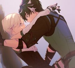 Rule 34 | 2boys, against wall, arms around neck, bare shoulders, black corset, black gloves, black hair, black shirt, corset, earrings, eye contact, genshin impact, gloves, jewelry, kabedon, long sleeves, looking at another, lyney (genshin impact), male focus, mo 7502, multicolored hair, multiple boys, no headwear, purple eyes, scar, scar on arm, shirt, short hair, smile, spiked hair, streaked hair, teardrop facial mark, teardrop tattoo, two-tone gloves, white gloves, white hair, white shirt, wriothesley (genshin impact), yaoi
