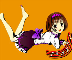 Rule 34 | 1girl, bad id, bad pixiv id, barefoot, beamed quavers, blouse, brown hair, cnm, full body, hairband, head rest, legs up, long sleeves, looking at viewer, lying, musical note, nail polish, on stomach, open mouth, orange background, orange eyes, quaver, shirt, short hair, simple background, skirt, solo, staff (music), the pose, toenail polish, toenails, touhou, treble clef, tsukumo yatsuhashi