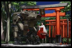 Rule 34 | 1girl, absurdres, animal ears, black hair, commentary request, dated, day, forest, fox ears, fox girl, hakama, hakama skirt, highres, holding, hozumi sousei, japanese clothes, long hair, looking at viewer, mecha, miko, nature, original, outdoors, red hakama, robot, science fiction, skirt, sky, standing on object, torii, wide sleeves
