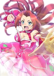 Rule 34 | 1girl, animal ears, as&#039;maria, bare shoulders, blue eyes, blurry, breasts, brown hair, cleavage, clenched hand, depth of field, detached sleeves, dress, highres, horse ears, incoming attack, incoming punch, kawakami princess (umamusume), large breasts, long hair, open mouth, parted lips, petticoat, pink dress, punching, reaching, reaching towards viewer, solo, umamusume, v-shaped eyebrows, very long hair, white background