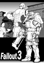 Rule 34 | ambiguous gender, arm armor, armor, armored boots, boots, building, commentary request, copyright name, energy gun, energy weapon, fallout (series), fallout 3, full armor, full body, greyscale, gun, helmet, holding, holding gun, holding weapon, knee pads, laser rifle, liberty prime, mecha, monochrome, outdoors, power armor, rifle, robot, shoulder armor, standing, takimoyo (soushokujuu), weapon, window