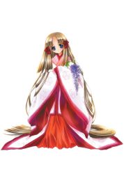 Rule 34 | 00s, 1girl, absurdly long hair, absurdres, artbook, azuma hatsumi, blonde hair, blue eyes, carnelian, flower, fuji-hime, fujihime, full body, highres, japanese clothes, kimono, long hair, low-tied long hair, official art, solo, very long hair, white background, wisteria, yami to boushi to hon no tabibito