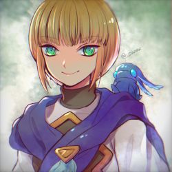 Rule 34 | 1girl, blonde hair, cape, closed mouth, creature, golden sun, green eyes, looking at viewer, oas, sheba (golden sun), short hair, simple background, smile, solo