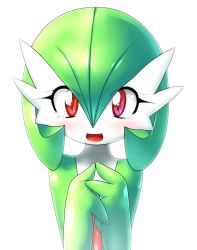 Rule 34 | :d, bad id, bad pixiv id, blush, creatures (company), game freak, gardevoir, gen 3 pokemon, green hair, happy, nintendo, nme, open mouth, own hands together, pokemon, pokemon (creature), red eyes, simple background, smile, solo, tears, white background