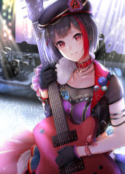 Rule 34 | 1girl, absurdres, arm strap, armlet, badge, bang dream!, belt, beret, black gloves, black hair, black jacket, blush, bow, bracelet, breasts, chain, choker, cropped jacket, drum, drum set, electric guitar, gibson les paul, gloves, guitar, hat, highres, instrument, jacket, jewelry, khanka shui, light smile, mitake ran, multicolored hair, necklace, open clothes, open jacket, overhang, parted lips, red bow, red choker, red eyes, red hair, screen, short hair, short sleeves, skirt, smile, solo, stage, streaked hair, studded belt, teeth