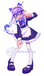 Rule 34 | 1girl, :p, apron, black-framed eyewear, black footwear, commentary, commission, dress, english commentary, frilled dress, frills, full body, glasses, highres, inkling, inkling girl, inkling player character, long hair, maid apron, maid headdress, nintendo, pointy ears, purple eyes, purple hair, simple background, solo, splatoon (series), splatoon 3, tentacle hair, thighhighs, tokkibada, tongue, tongue out, watermark, white background, white thighhighs