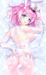 Rule 34 | 1girl, animal ears, ass, blue eyes, blush, breasts, rabbit ears, rabbit tail, carnelian, censored, elbow gloves, gloves, large breasts, looking at viewer, lying, no bra, no panties, original, petal censor, petals, pink hair, short hair, solo, tail