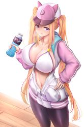Rule 34 | 1girl, adella (some some convenience store), animal hat, bare shoulders, baseball cap, bikini, bikini top only, blonde hair, blush, bottle, breasts, breath, cleavage, curvy, drink, gunbam sonyeon, hair ornament, hair scrunchie, hand on own hip, hat, highres, holding, holding bottle, hood, hooded jacket, huge breasts, jacket, long hair, looking at viewer, md5 mismatch, multicolored hair, navel, nose blush, open clothes, open jacket, open mouth, pantyhose, purple eyes, resolution mismatch, scrunchie, solo, some some convenience store, source larger, sports drink, standing, star (symbol), star hair ornament, stomach, streaked hair, sweat, swimsuit, talesshop, unzipped, very long hair, white bikini, wooden floor, zipper, zipper pull tab