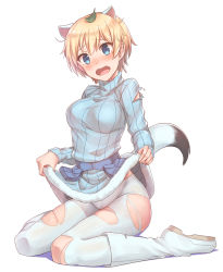 Rule 34 | 10s, 1girl, animal ears, ass, blonde hair, blue eyes, blush, boots, brave witches, breasts, clothes lift, full body, highres, knee boots, konnyaku (kk-monmon), leaf, leaf on head, nikka edvardine katajainen, open mouth, pantyhose, short hair, sitting, solo, sweater, sweater lift, tail, torn clothes, torn pantyhose, turtleneck, turtleneck sweater, uniform, wariza, weasel tail, white background, white footwear, white pantyhose, world witches series