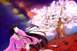 Rule 34 | 1girl, black hair, bow, cherry blossoms, covering own mouth, flower, full moon, hime cut, houraisan kaguya, japanese clothes, kimono, long hair, looking up, moon, night, pink moon, red eyes, sash, solo, space, spider lily, tohoho (hoshinoyami), touhou, very long hair, wide sleeves