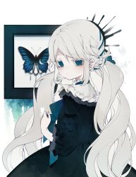 Rule 34 | 1girl, absurdres, back, bizet, blue eyes, braid, bug, butterfly, closed mouth, commentary request, expressionless, goth fashion, gothic lolita, highres, insect, lolita fashion, long hair, low twintails, original, solo, twintails, upper body, very long hair, wavy hair, white hair
