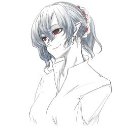 Rule 34 | 1girl, closed mouth, earrings, grey hair, hair between eyes, head tilt, jewelry, aged up, ponytail, popped collar, red eyes, remilia scarlet, shirt, shukusuri, simple background, slit pupils, smile, solo, stud earrings, touhou, white background