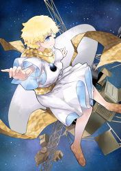 Rule 34 | 1boy, absurdres, baggy clothes, blonde hair, blue eyes, blush, bright pupils, closed mouth, fate/grand order, fate/requiem, fate (series), from side, full body, glowing, highres, huge filesize, looking at viewer, male focus, oshiri seijin, parted bangs, satellite, scarf, short sleeves, sky, smile, solo, space, star (sky), star (symbol), starry background, starry sky, voyager (fate), voyager (first ascension) (fate), yellow scarf