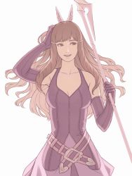 Rule 34 | 1girl, arm up, artist name, belt, breasts, brown hair, cleavage, dress, elbow gloves, fire emblem, fire emblem awakening, gloves, hand on own head, holding, holding weapon, iktk, long hair, medium breasts, nintendo, open mouth, polearm, simple background, solo, sumia (fire emblem), upper body, weapon, white background