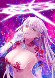 Rule 34 | 1girl, armlet, armor, artist request, bikini armor, bracelet, breasts, cleavage, collar, earrings, fate/grand order, fate (series), flower, grin, hair ribbon, halo, hand on own cheek, hand on own face, head tilt, highres, jewelry, kama (beast iii/l) (fate), kama (fate), large breasts, long hair, looking at viewer, lotus, metal collar, pink ribbon, red eyes, ribbon, silver hair, smile, solo, sparkle