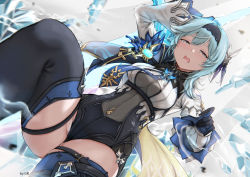 Rule 34 | 1girl, arm up, artist name, blue hair, bodystocking, breasts, cape, center opening, cleavage, eula (genshin impact), genshin impact, gie (gienara), gloves, hair ornament, half-closed eyes, highres, long sleeves, medium breasts, open mouth, solo, sword, thighhighs, thighs, weapon