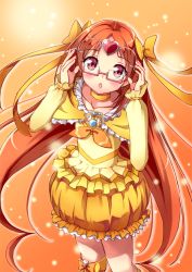 Rule 34 | 10s, 1girl, bad id, bad pixiv id, blush, boots, bow, brooch, brown hair, bubble skirt, choker, circlet, cure muse, cure muse (yellow), earrings, frills, glasses, hair bow, heart, jewelry, knee boots, long hair, magical girl, orange background, orange theme, precure, red eyes, shirabe ako, skirt, solo, suite precure, very long hair, yellow bow, yellow skirt, yukiya (shiya)