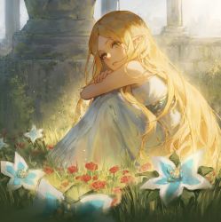 Rule 34 | 1girl, absurdres, blonde hair, commentary, dress, english commentary, flower, forehead, grass, green eyes, highres, knees to chest, lips, long hair, looking at viewer, nintendo, outdoors, parted lips, pink lips, pointy ears, princess zelda, red flower, silent princess, sitting, sleeveless, sleeveless dress, solo, strapless, strapless dress, sunlight, the legend of zelda, the legend of zelda: breath of the wild, very long hair, white dress, zieru