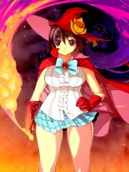 Rule 34 | 1girl, breasts, brown hair, cape, fire, gloves, hand on own hip, hat, highres, kirisaki kyouko (toloveru), large breasts, legs, looking at viewer, purple eyes, red gloves, red hat, short hair, skirt, smile, solo, thighs, to love-ru, witch hat