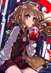 Rule 34 | 1girl, absurdres, blonde hair, closed mouth, drinking straw, highres, holding, hood, hoodie, jacket, juice, letterman jacket, long hair, long sleeves, looking at viewer, nanozenzen, reality arc (sinoalice), red hoodie, red riding hood (sinoalice), sinoalice, smile, solo, wavy hair, yellow eyes