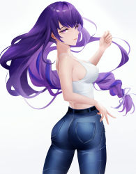 Rule 34 | 1girl, absurdres, alternate costume, artist request, ass, bare shoulders, braid, breasts, denim, from behind, genshin impact, hair ribbon, highres, jeans, long hair, looking at viewer, looking back, pants, purple eyes, purple hair, raiden shogun, ribbon, shiny clothes, shiny skin, sideboob, single braid, smile, solo, tank top, tight clothes, tight pants, very long hair