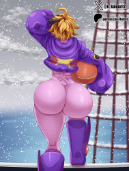 Rule 34 | 1girl, ahoge, ass, ass focus, bodysuit, boots, from behind, hand in own hair, helmet, highres, holding, holding helmet, huge ass, jacket, karuro-kun, one piece, orange hair, shiny clothes, short hair, sky, solo, vegapunk lilith, wide hips