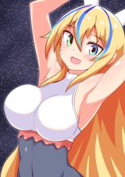 Rule 34 | 1girl, armpits, blaster master zero 2, blonde hair, blue eyes, blush, breasts, commentary, cougar (cougar1404), eve (blaster master zero), hair ornament, heterochromia, streaked hair, large breasts, long hair, looking at viewer, multicolored hair, open mouth, smile, solo, space