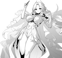 Rule 34 | 1girl, arm up, azur lane, azur lane: slow ahead, blush, breasts, brest (azur lane), closed mouth, emphasis lines, greyscale, hand up, highres, hori (hori no su), large breasts, long hair, monochrome, official art, parted bangs, smile, underboob, very long hair