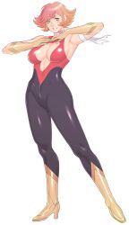 Rule 34 | 1girl, arm strap, armband, armpits, arms up, blush, bodysuit, boots, breasts, choker, cleavage, cleavage cutout, clothing cutout, cutie honey, cutie honey (character), earrings, gloves, heart, heart choker, heart earrings, high heel boots, high heels, highres, impossible clothes, jewelry, large breasts, looking to the side, open mouth, red eyes, red hair, shiny clothes, shiny skin, short hair, skindentation, solo, takasugikou