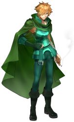 Rule 34 | 1boy, armpits, bandages, belt, boots, cape, cigarette, closed mouth, fate/extella, fate/extella link, fate/extra, fate (series), full body, gloves, green cape, green eyes, green footwear, green gloves, green pants, highres, jewelry, looking at viewer, necklace, official art, orange hair, pants, robin hood (fate), smoke, solo, standing, transparent background, wada arco