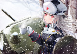 Rule 34 | akasaka asa, ash arms, blush, breasts, commentary request, cup, fur hat, gloves, hair between eyes, hat, hatch, kv-1 (ash arms), long hair, looking at viewer, military, military uniform, military vehicle, motor vehicle, red eyes, silver hair, snow, snowing, solo, tank, uniform, ushanka, white gloves