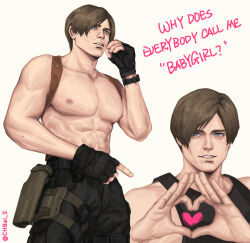 Rule 34 | 1boy, abs, absurdres, bara, black gloves, black pants, black tank top, brown hair, chbai s, curtained hair, english text, fingerless gloves, gloves, heart, heart hands, highres, large pectorals, leon s. kennedy, male focus, muscular, muscular male, navel, nipples, pants, pectorals, resident evil, resident evil 4, resident evil 4 (remake), short hair, smile, solo, tank top, topless male, twitter username