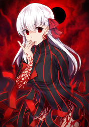 Rule 34 | 1girl, arm behind back, black dress, black sun, blood, blurry, blurry foreground, blush, brll, cloud, cowboy shot, dark sakura, depth of field, dress, empty eyes, fate/stay night, fate (series), fingernails, hair ribbon, hand to own mouth, highres, index finger raised, leaning forward, licking, licking finger, light blush, long hair, looking at viewer, matou sakura, red eyes, red ribbon, red sky, ribbon, sky, solo, standing, sun, tongue, tongue out, white hair
